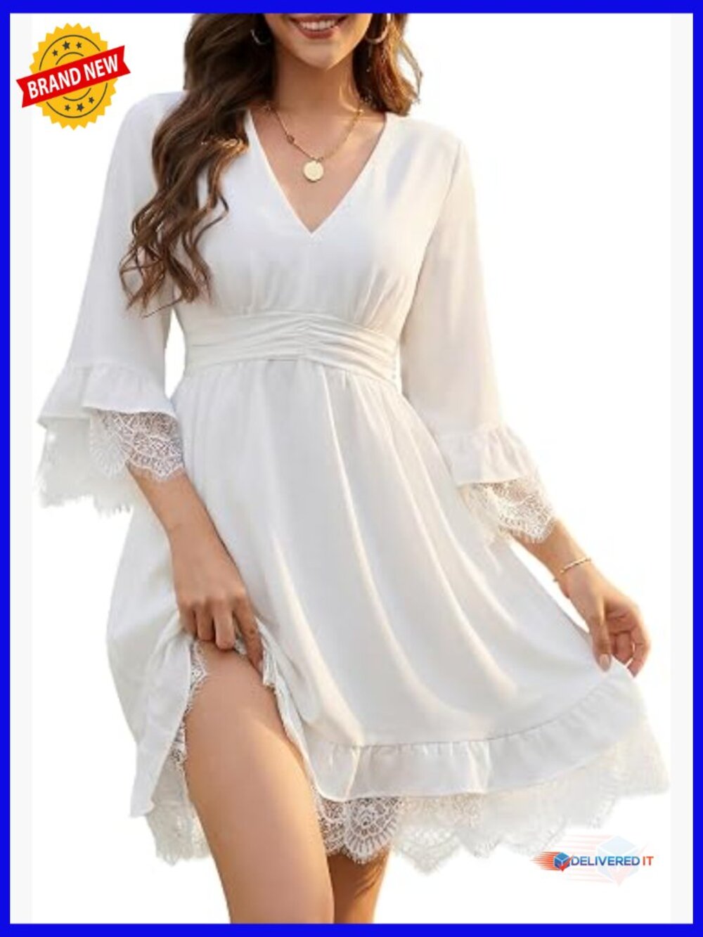 V-Neck Lace Mini Dress with Smocked Waist, Flare Sleeves & Pockets, Cocktail